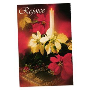 Vintage Postcard Christmas Rejoice Religious Candle Poinsettia Church CREASE